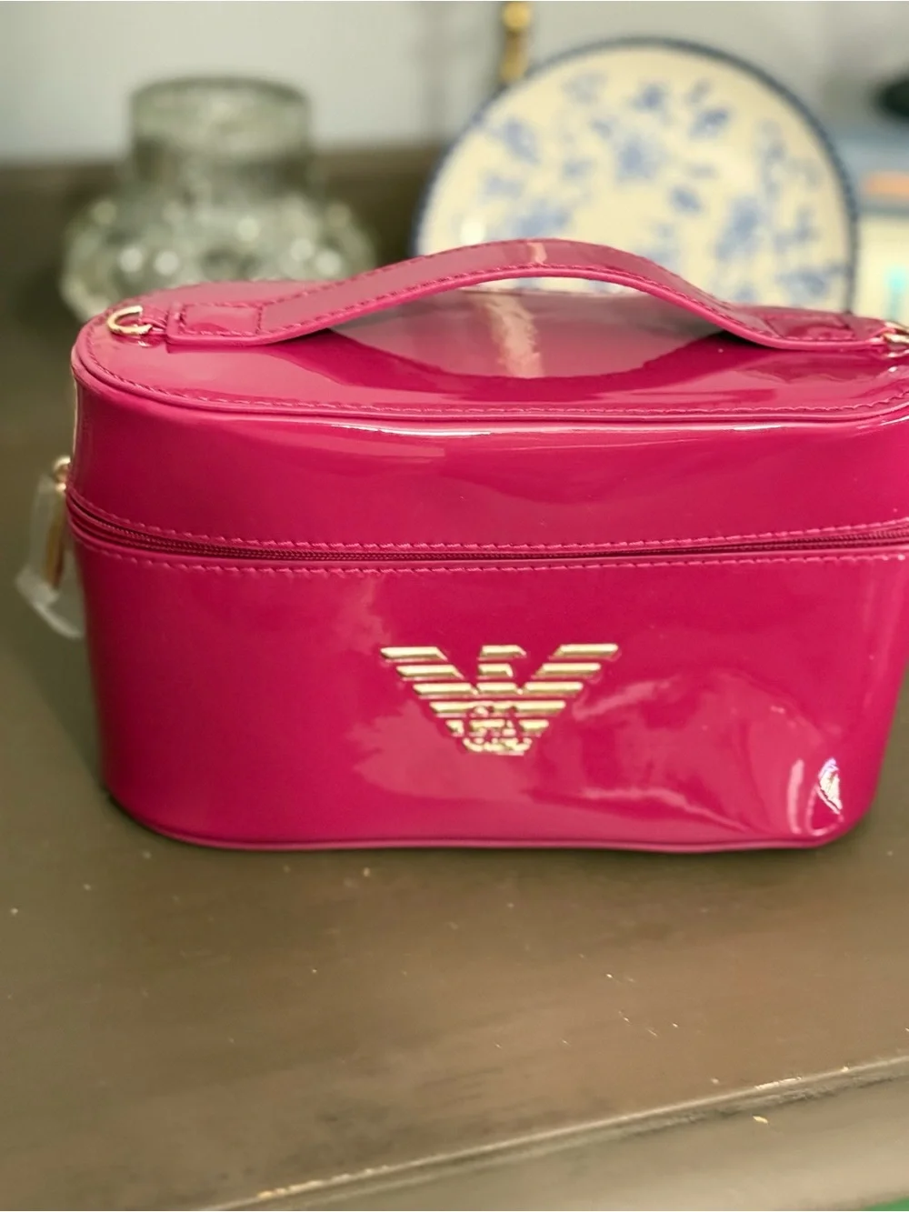Emporio Armani Beauty Hot Pink Patent Vanity Cosmetic Makeup Bag Gold Logo NWT